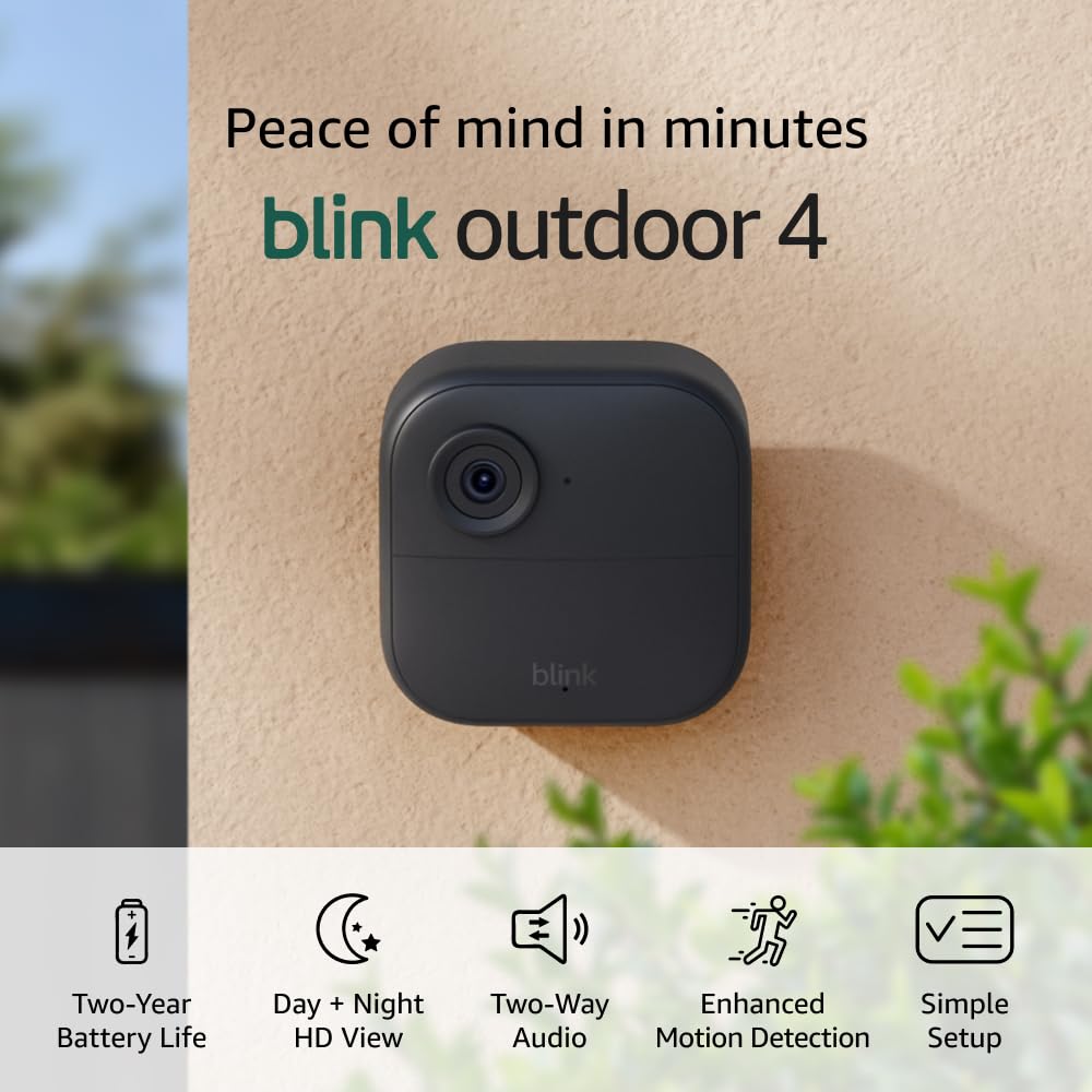 Blink Outdoor 4, Wireless smart security camera, 1 camera system Two-year battery life, 1080p HD day and infrared night live view, Two-way talk, Sync Module Core included
