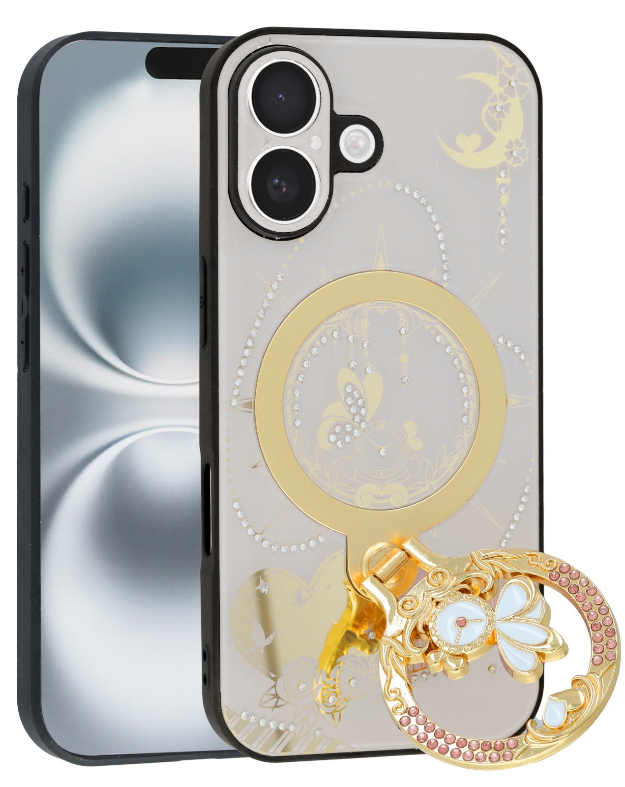 Wireless Charging Luxury Diamond Shiny Cases with Ring for iPhone 17 Pro