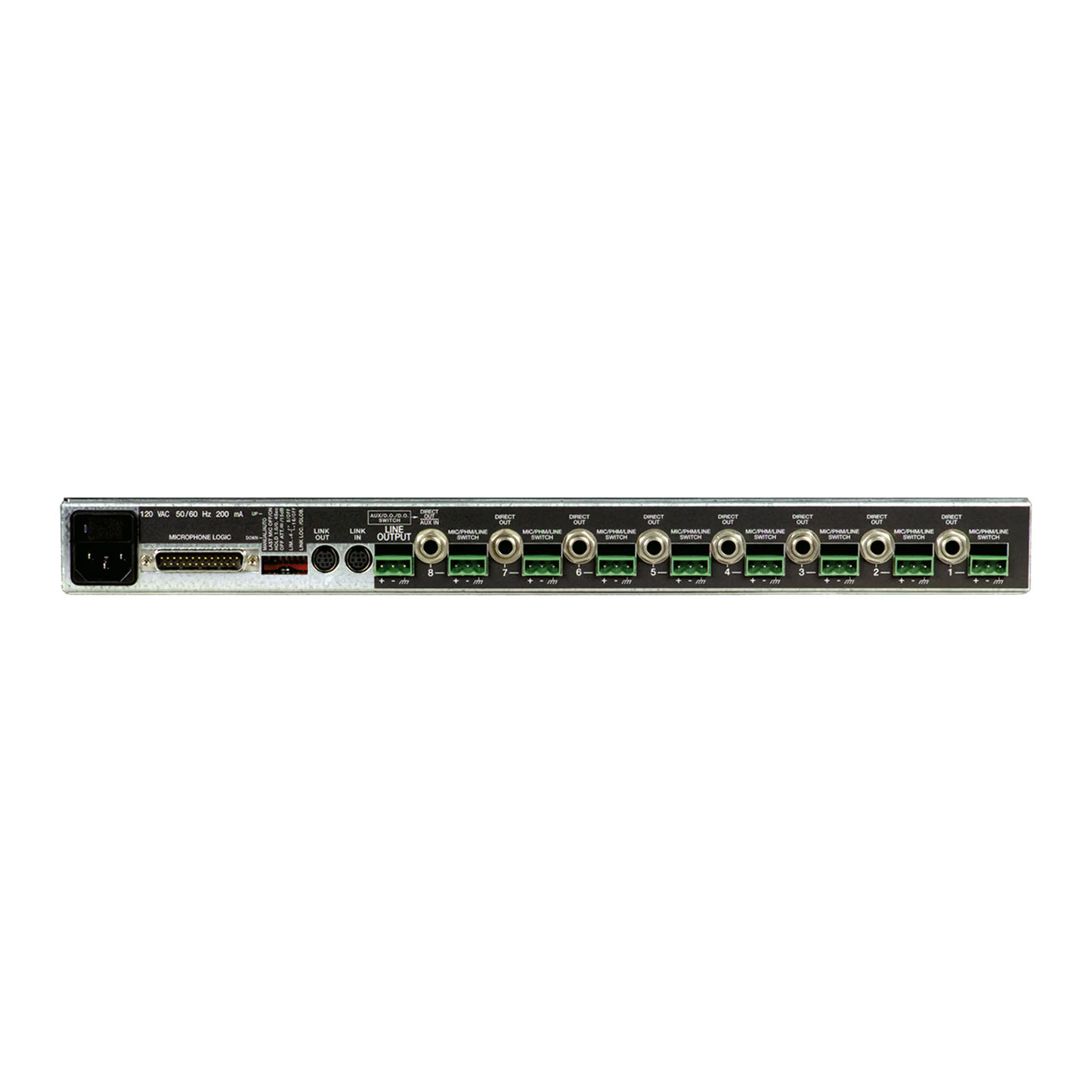 Mixeur automatique 8 canaux, EQ réglable, alimentation fantôme, châssis anti-RF, expandabilité jusqu’à 400 micros, contrôles logiques, format rack