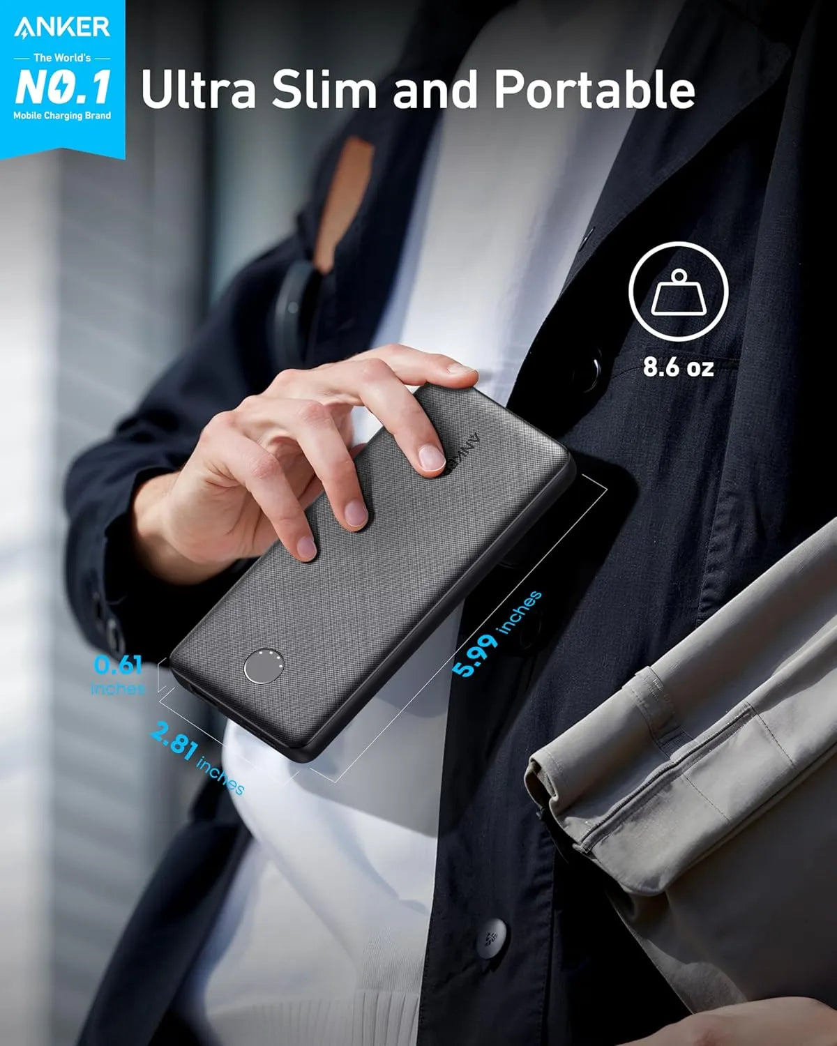 Anker Power Bank(PowerCore 10K), Compact Travel-Ready 10,000mAh Battery Pack with PowerIQ Charging Technology, 5V/3A High-Speed Charging for iPhone, iPad,and More(USB-C Input and Output(Black), 1pack)