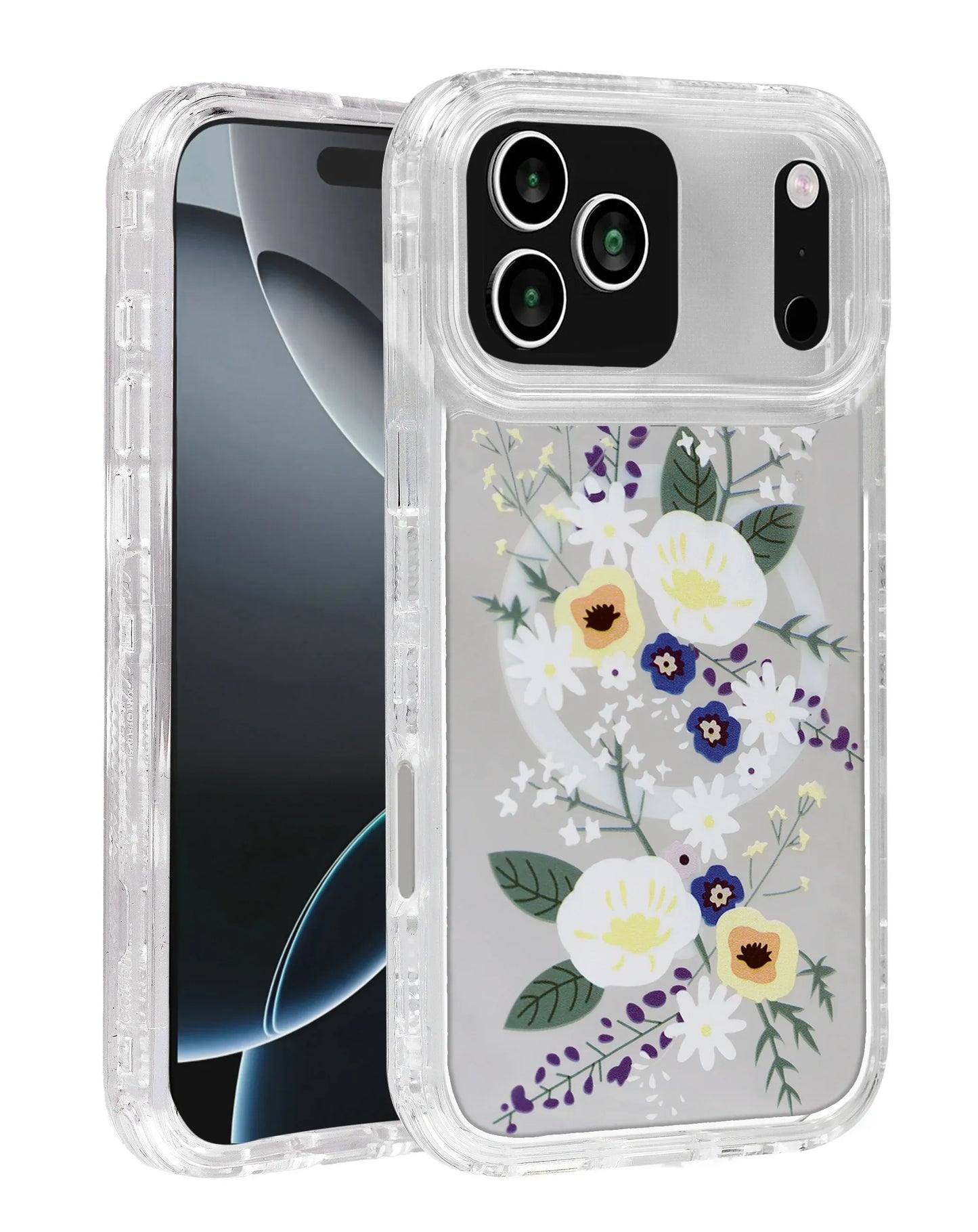 Flower Design Transparent Case with Wireless Charger - Style 3 for iPhone 17 Pro
