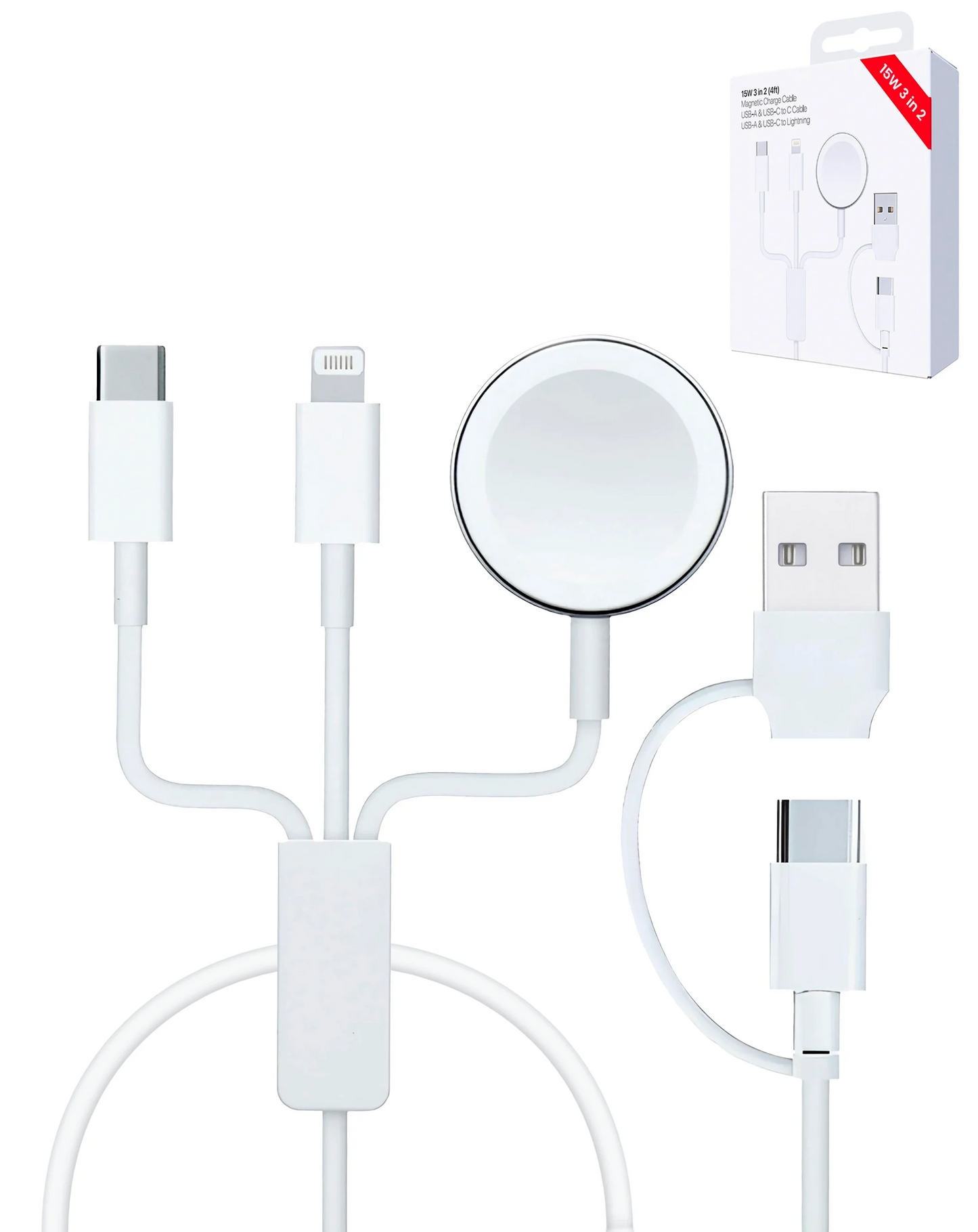 Câble de charge magnétique 3 en 1 pour montres USB-C et USB-A avec chargeur USB-C et Lightning (1,2 m) (15 W)