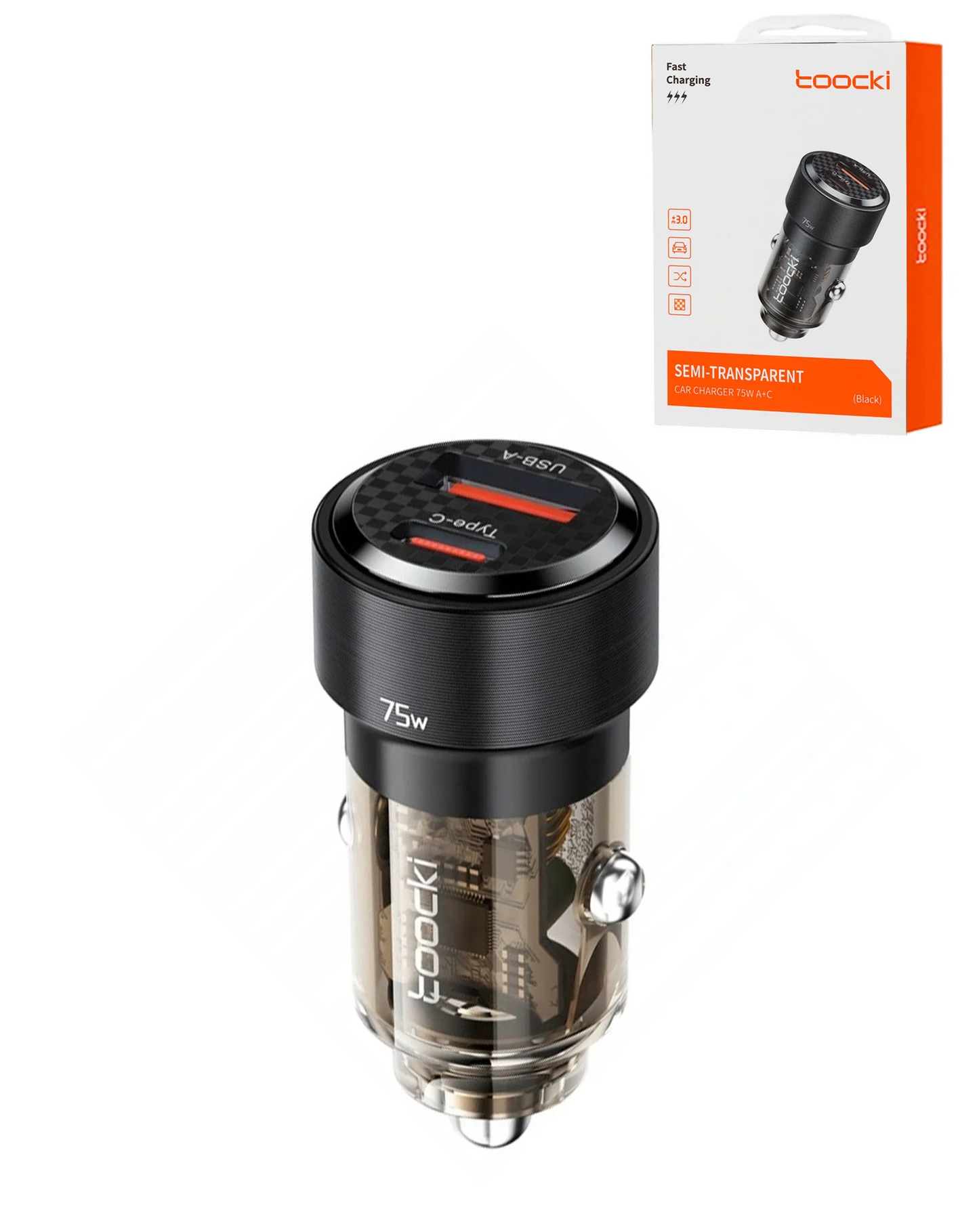 Toocki PD USB C+A Transparent Car Charger (BLACK) (75W)