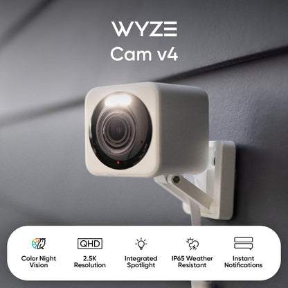 Wyze Cam v4 2.5K AI Indoor/Outdoor Security Camera with 24/7 Continuous Recording, Color Night Vision, Home, Baby & Pet Monitor, No Subscription Required