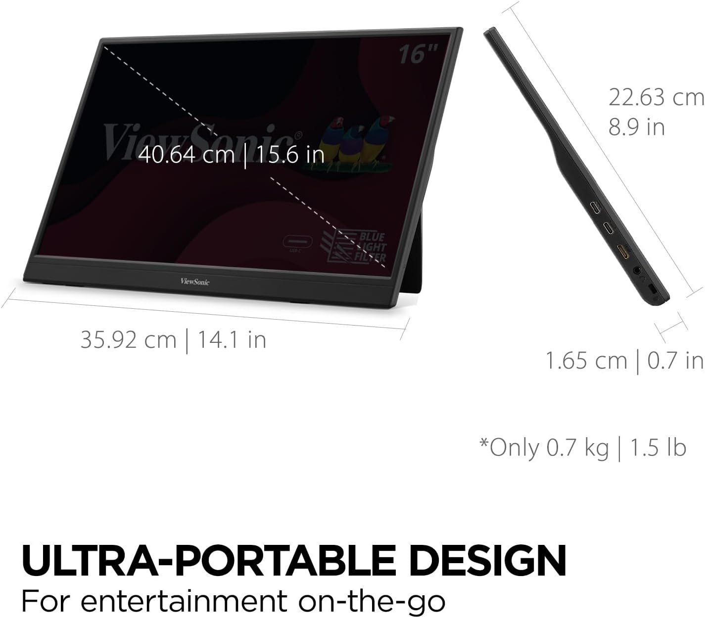 ViewSonic VA1653 16 Inch 1080p Portable Monitor, FHD IPS External Screen