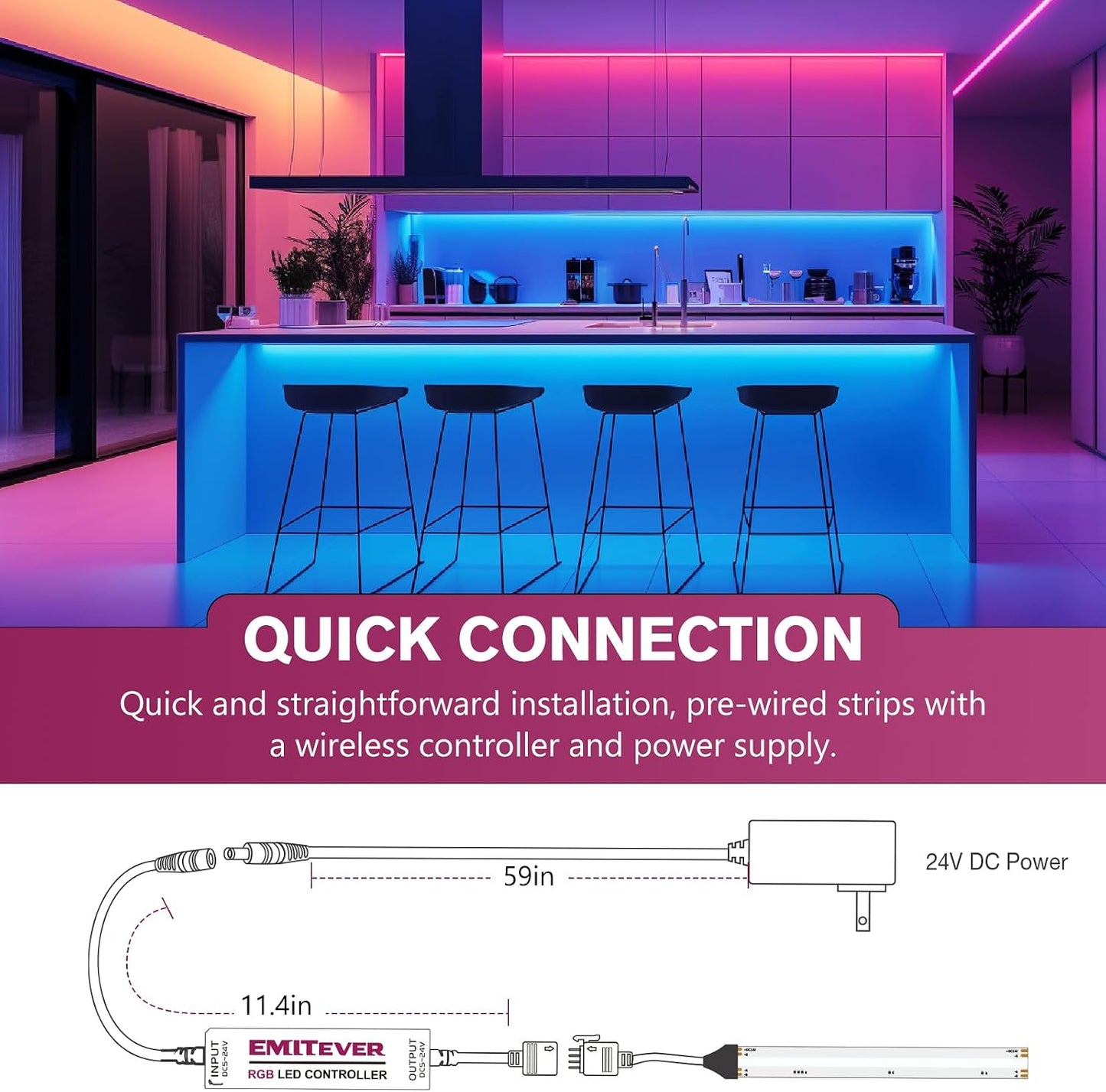 EMITEVER RGB COB Strip Light Kit 16.4ft, 3150LEDs, Dimmable Color Changing