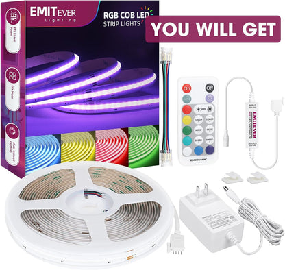 EMITEVER RGB COB Strip Light Kit 16.4ft, 3150LEDs, Dimmable Color Changing