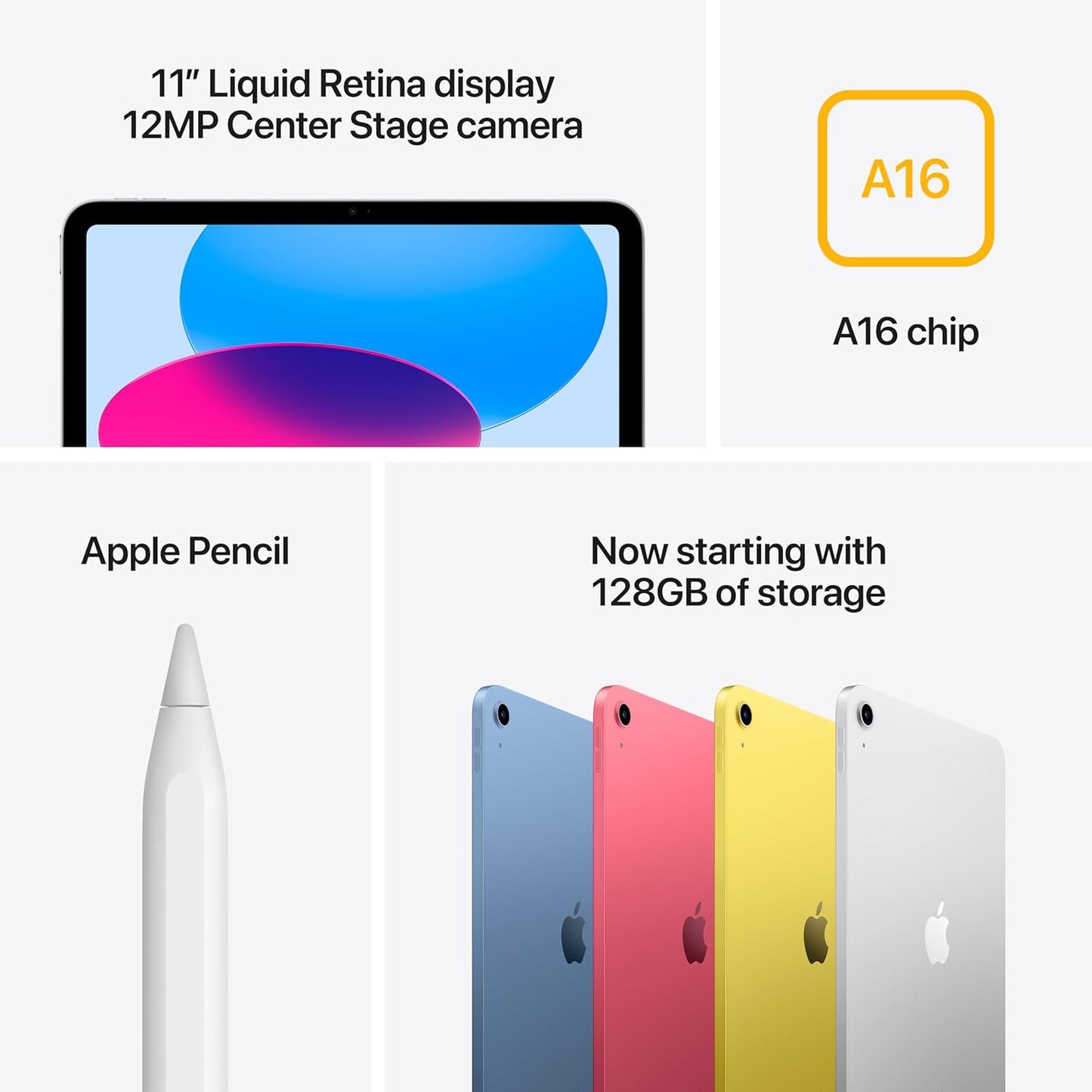Apple iPad 11-inch: A16 chip, 11-inch Model, Liquid Retina Display, 128GB, Wi-Fi 6, 12MP Front/12MP Back Camera, Touch ID, All-Day Battery Life