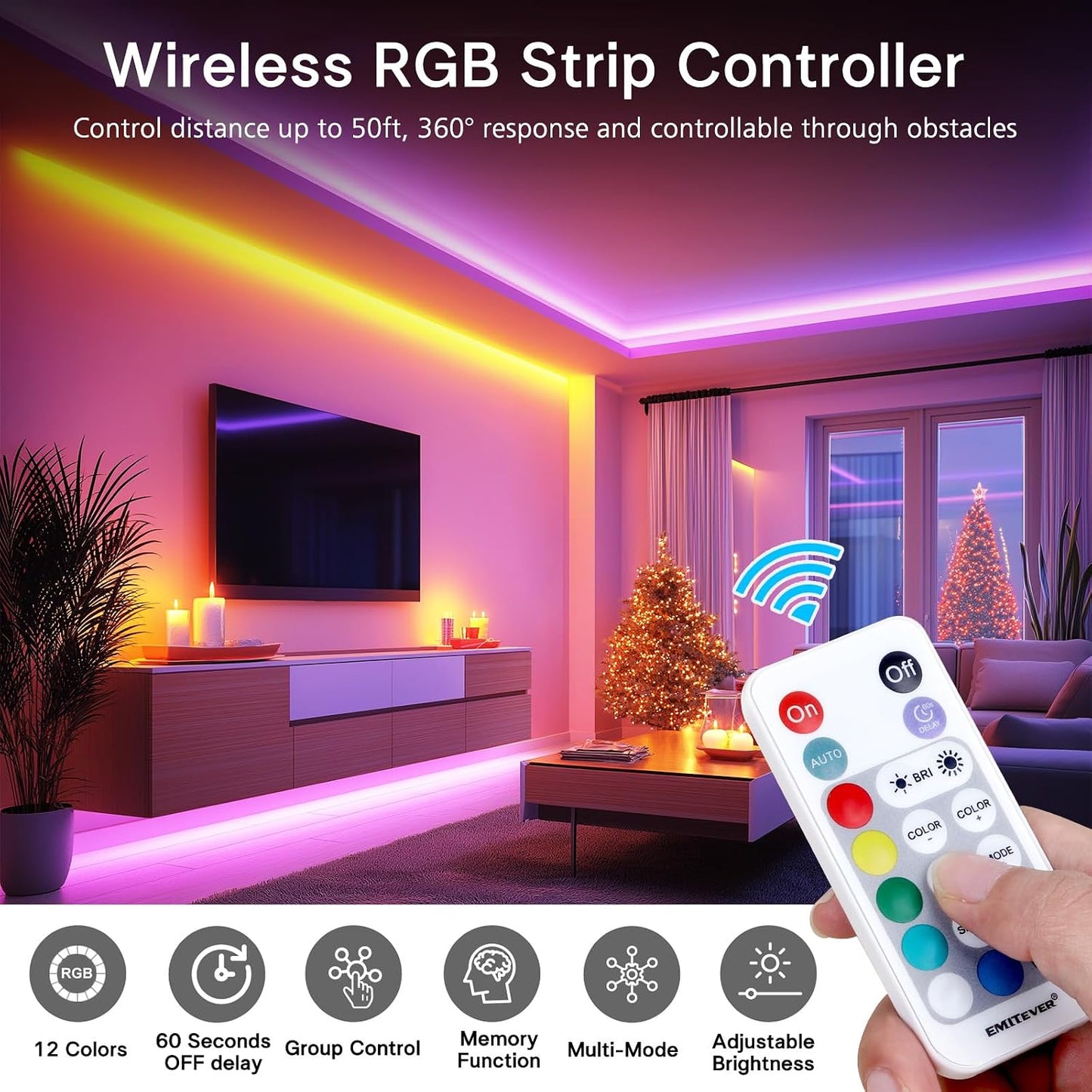 EMITEVER RGB COB Strip Light Kit 16.4ft, 3150LEDs, Dimmable Color Changing