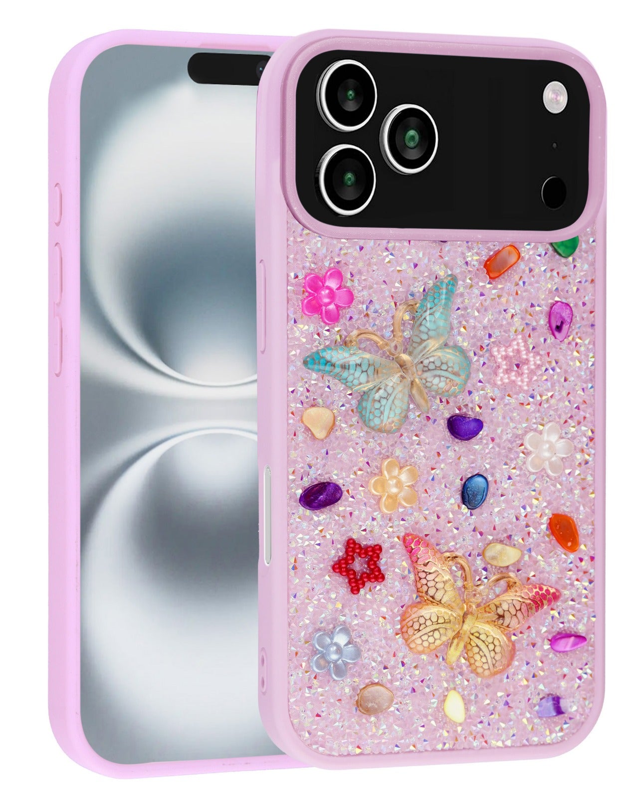 Coque papillon à paillettes et strass - Violet clair pour iPhone 17 Pro Max
