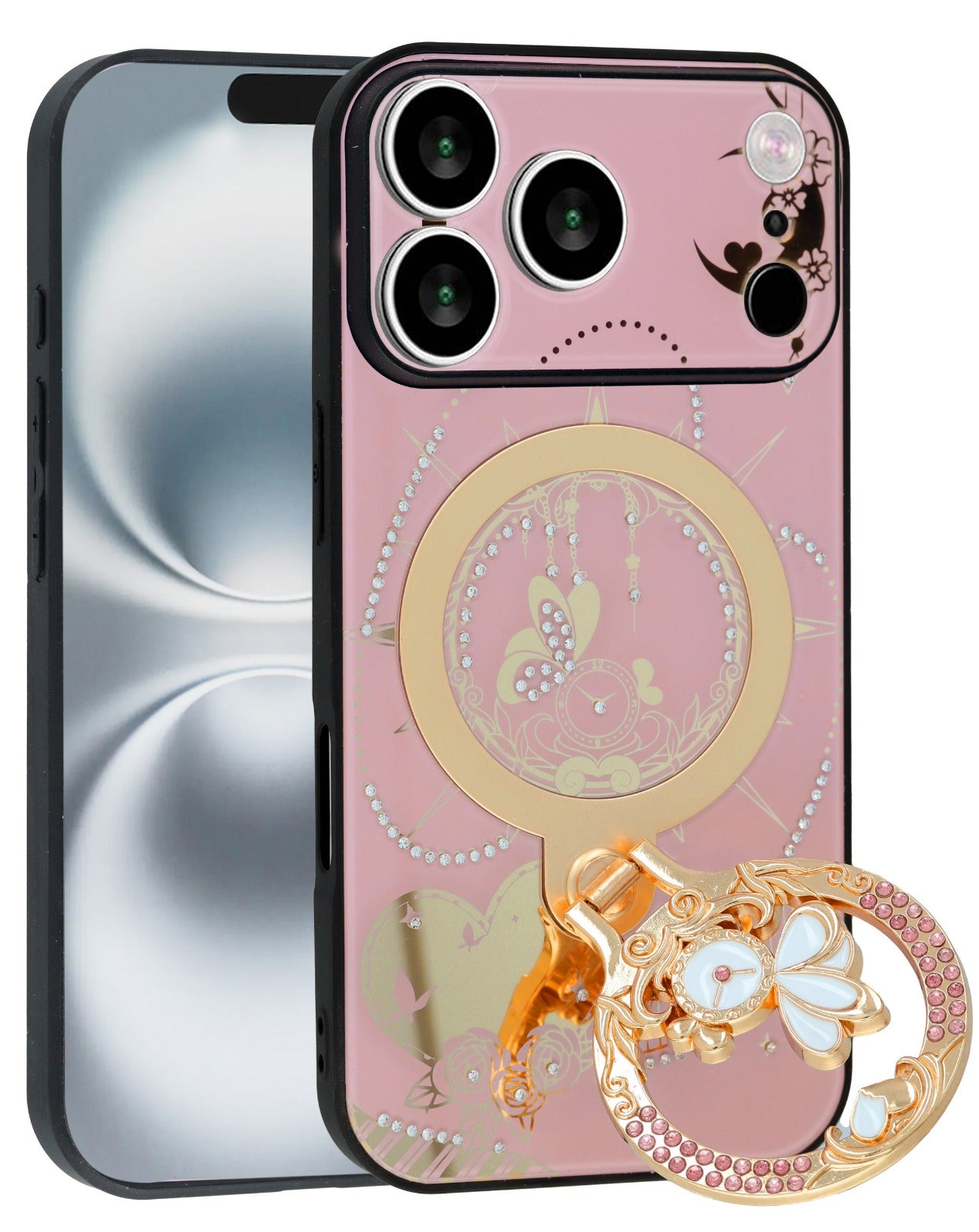 Wireless Charging Luxury Diamond Shiny Cases with Ring for iPhone 17 Pro