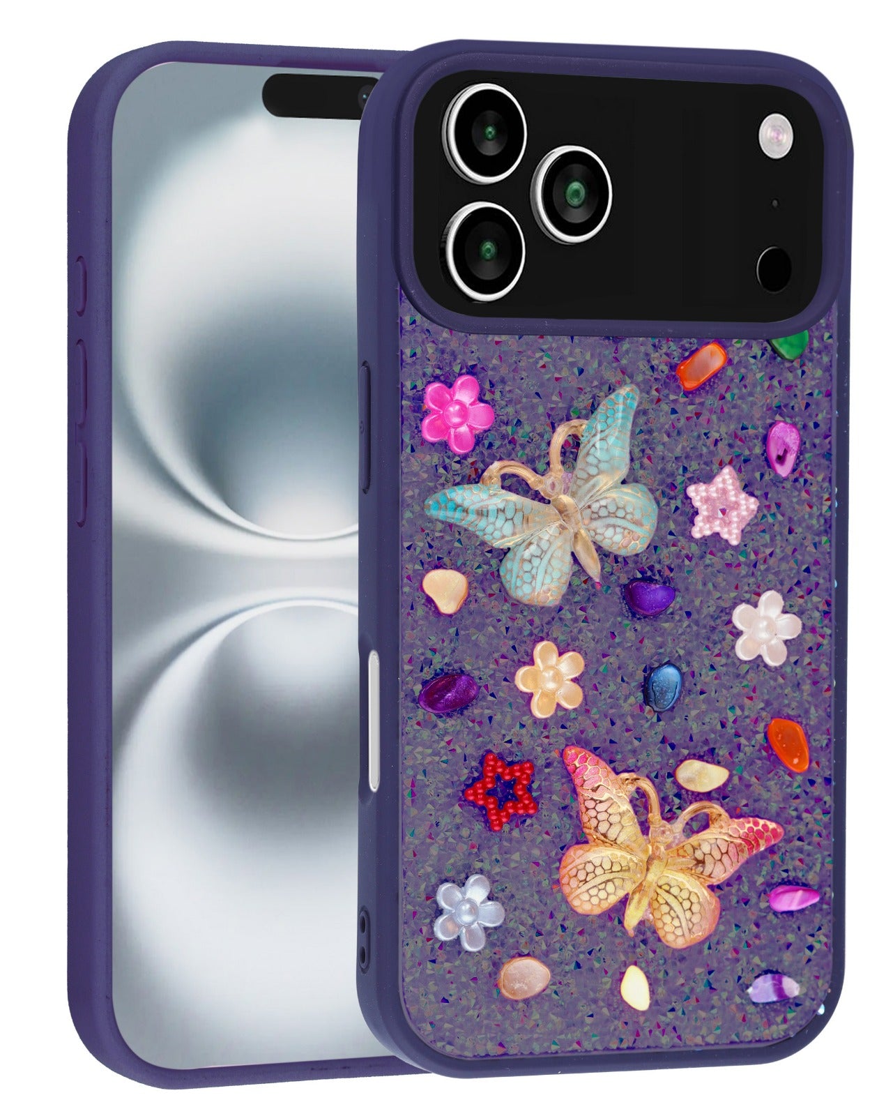 Coque à paillettes et strass papillon pour iPhone 17 Pro Max