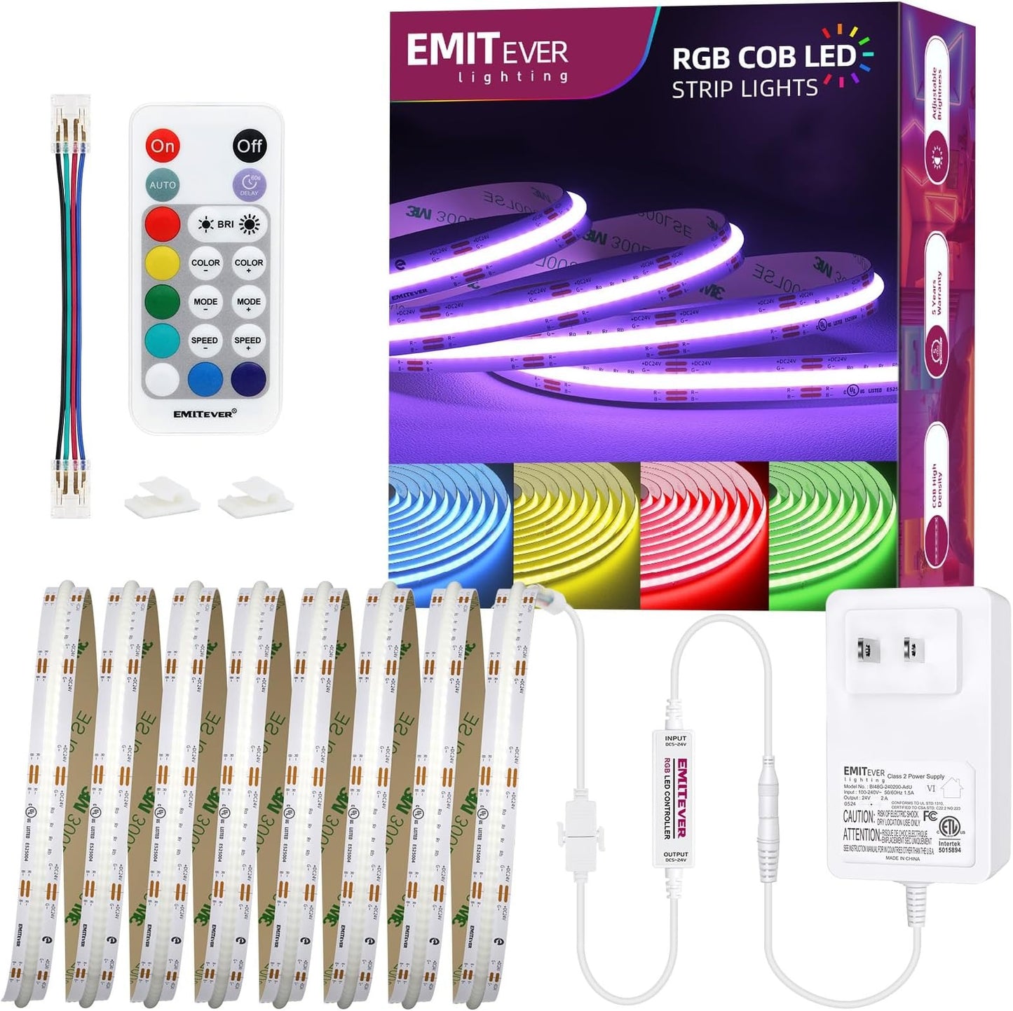 EMITEVER RGB COB Strip Light Kit 16.4ft, 3150LEDs, Dimmable Color Changing