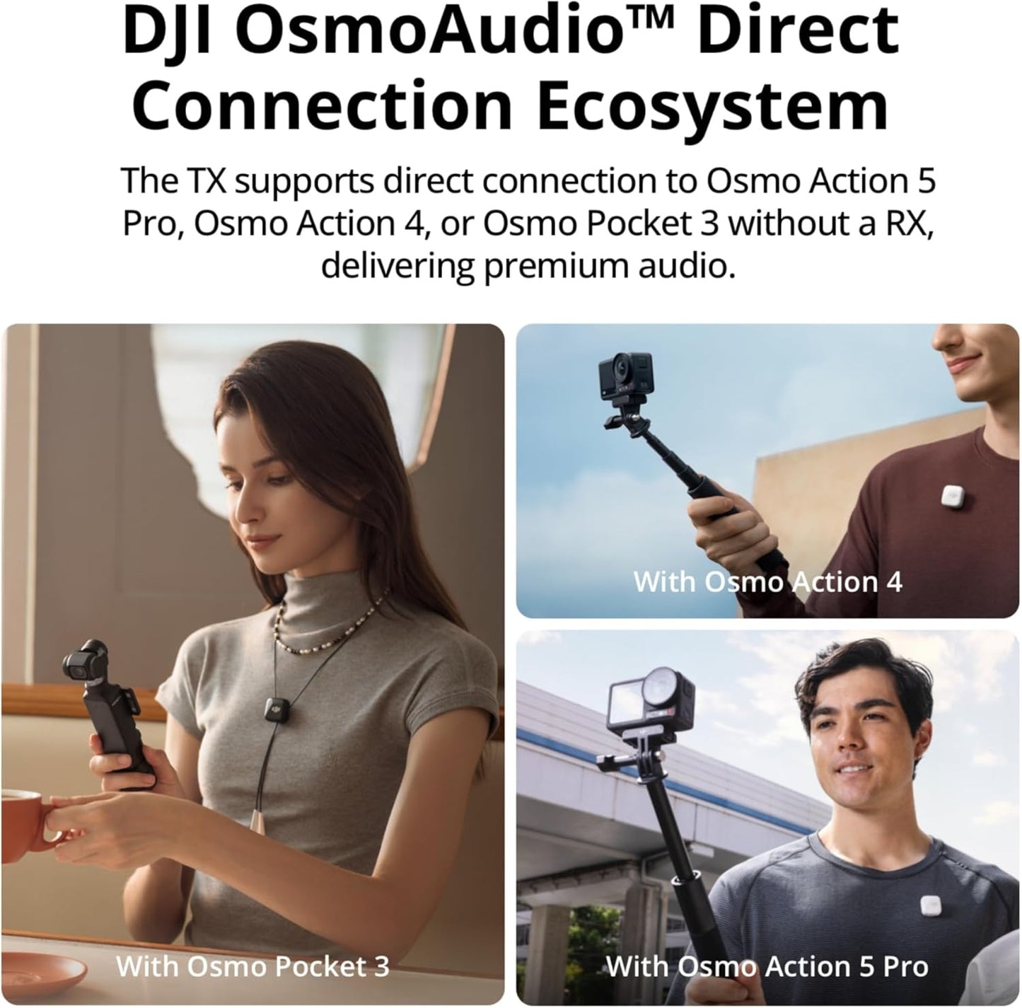 DJI Mic Mini (2 TX + 1 RX), son riche en détails, microphone cravate sans fil pour caméra/Android, vlog à deux, production en équipe