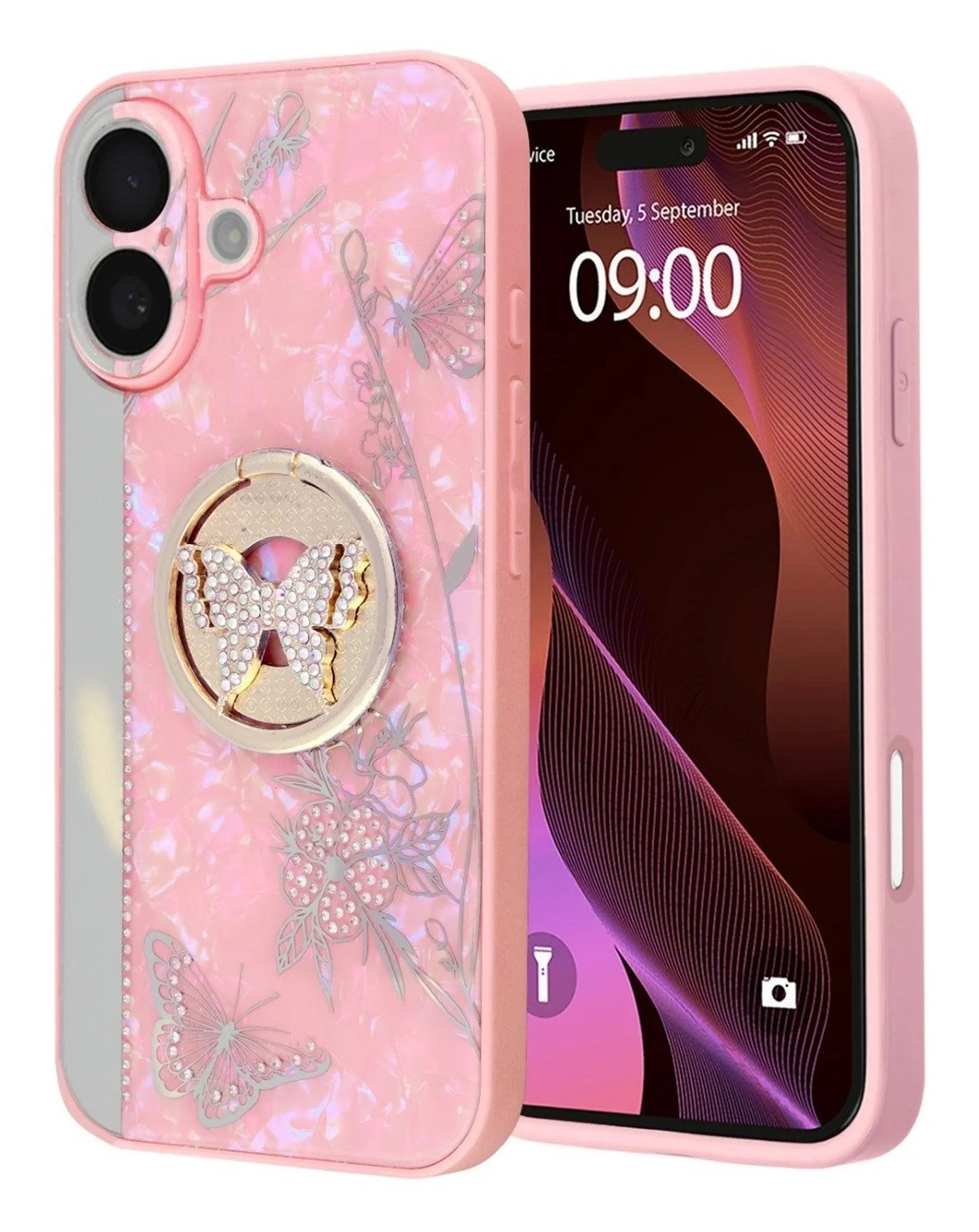 Coques de luxe brillantes en diamant avec anneau papillon - ROSE pour iPhone 17
