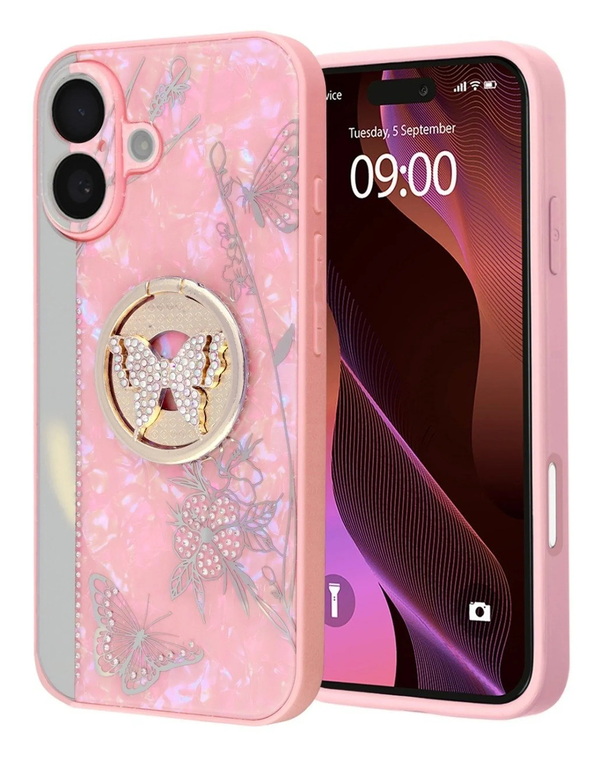 Coques de luxe brillantes en diamant avec anneau papillon - ROSE pour iPhone 17