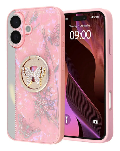 Coques de luxe brillantes en diamant avec anneau papillon - ROSE pour iPhone 17