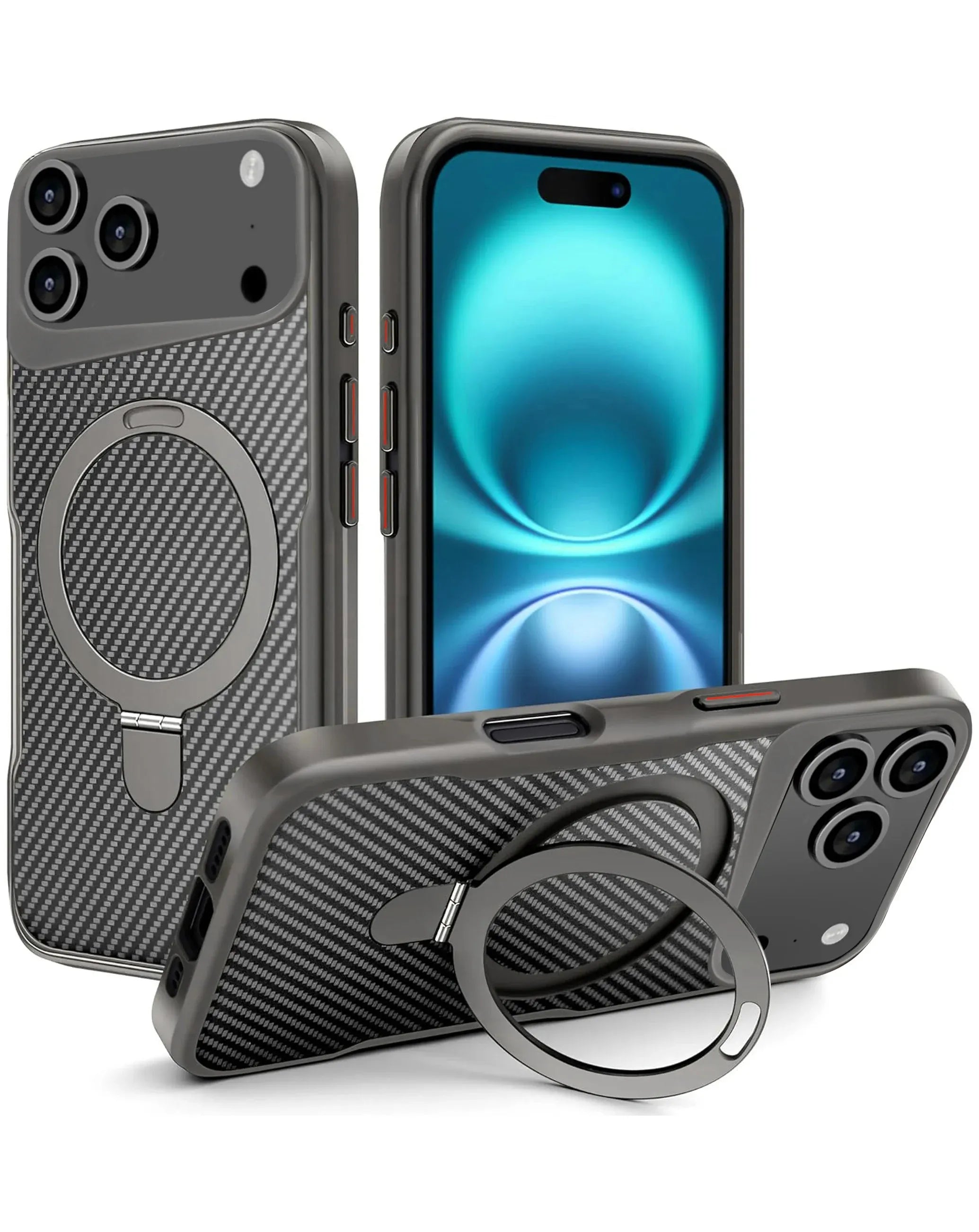 Carbon Fiber Magnetic Kickstand Case - GRAY for iPhone 17 Pro