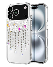 Étui de luxe argenté avec pendentif diamant et pampille en cristal pour iPhone 17 Pro Max