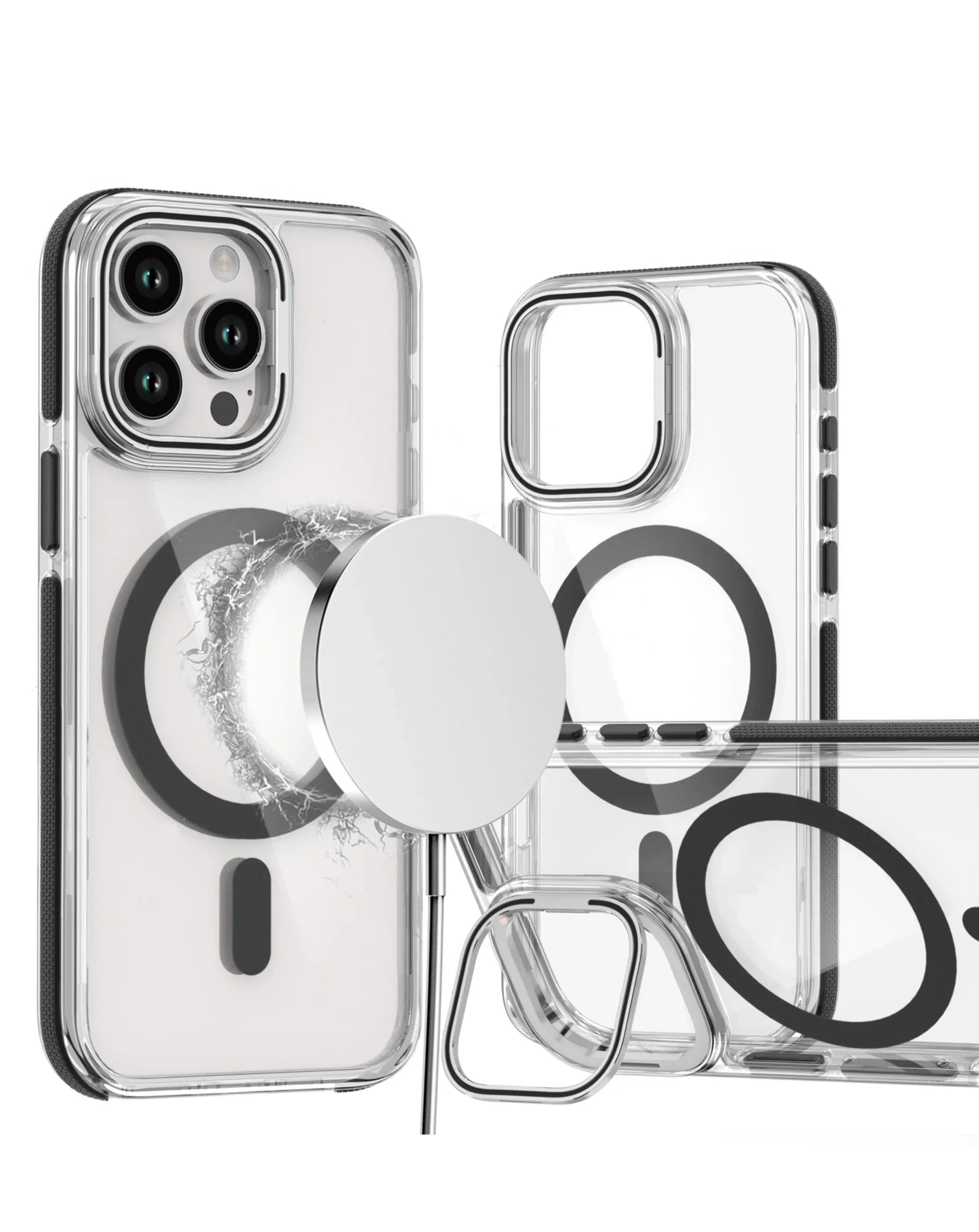 Thin Magnetic Clear Case with Camera Stand Kickstand - BLACK for iPhone 12 / 12 Pro