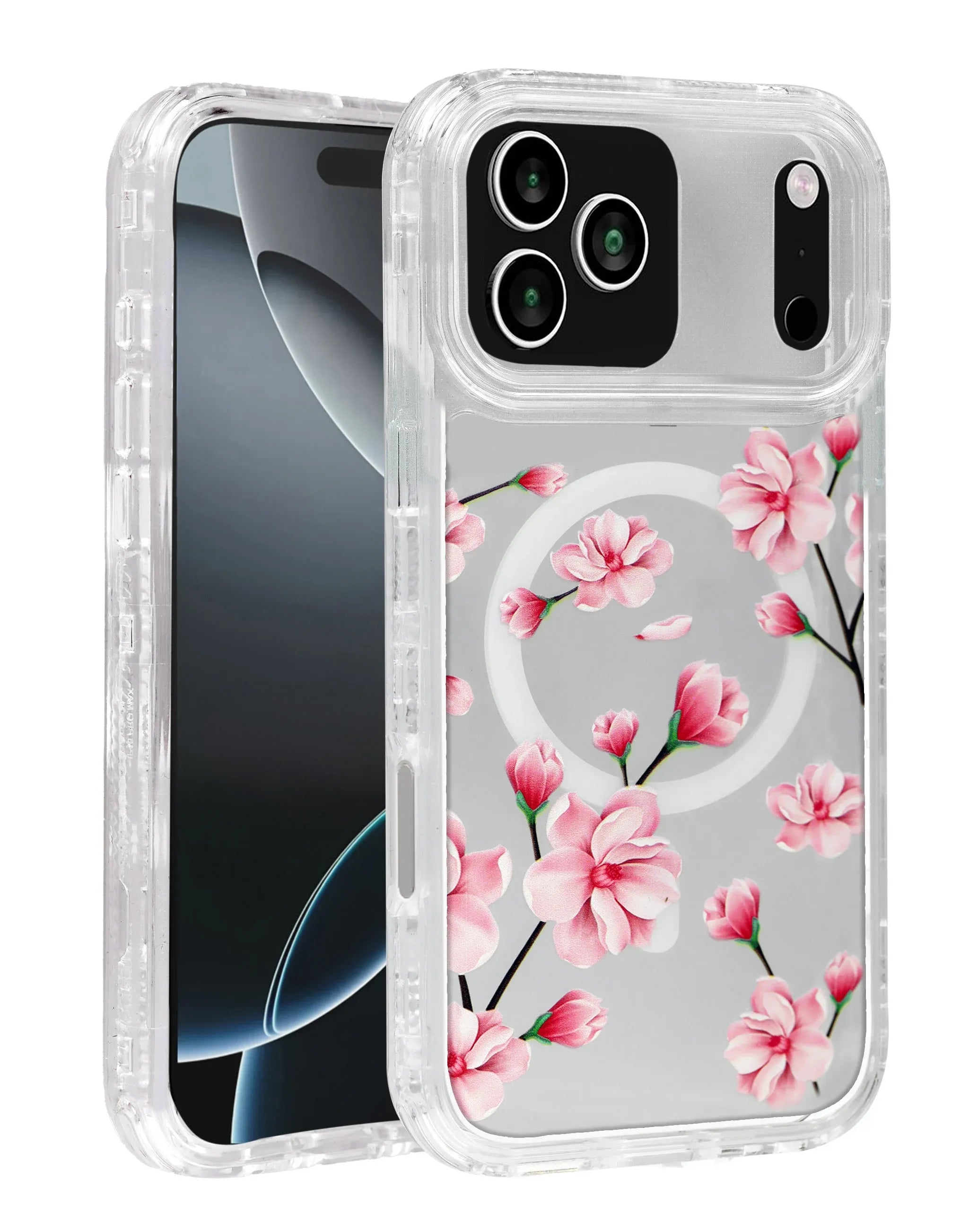 Flower Design Transparent Case with Wireless Charger - Style 1 for iPhone 17 PRO