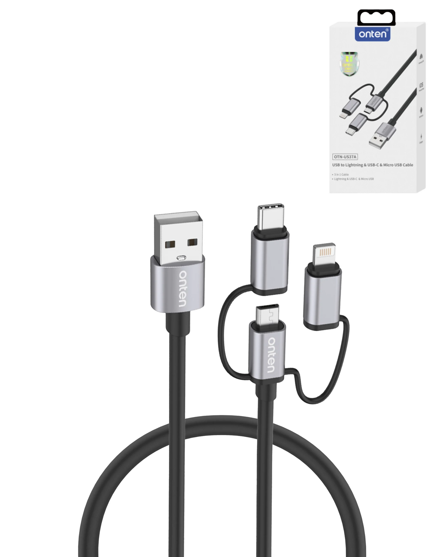 Onten 3in1 Aluminum USB A to C + M + L Charging Data Cable (3ft) (60W)
