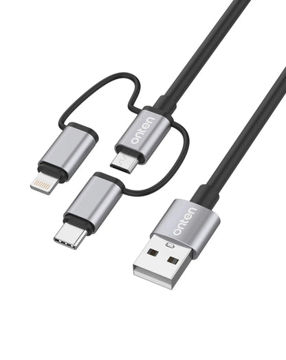 Onten 3in1 Aluminum USB A to C + M + L Charging Data Cable (3ft) (60W)